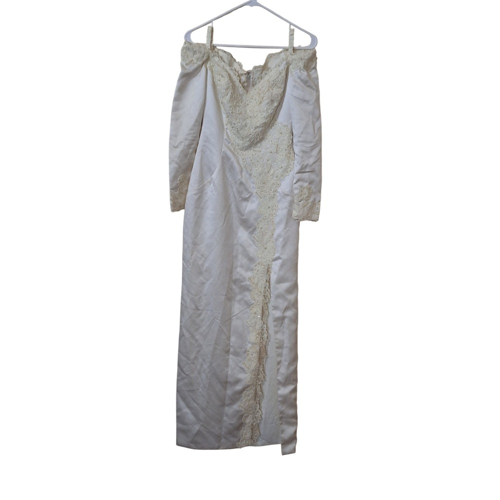 Vintage Ivory Satin Off Shoulder Lace Pearl Wedding Dress Long Sleeve Maxi Gown